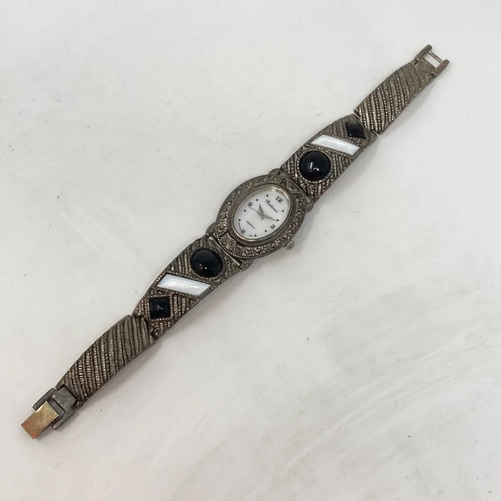 Vintage Badavici Women's Watch Marcasite 24mm Silver Tone MOP Cab New Battery 7